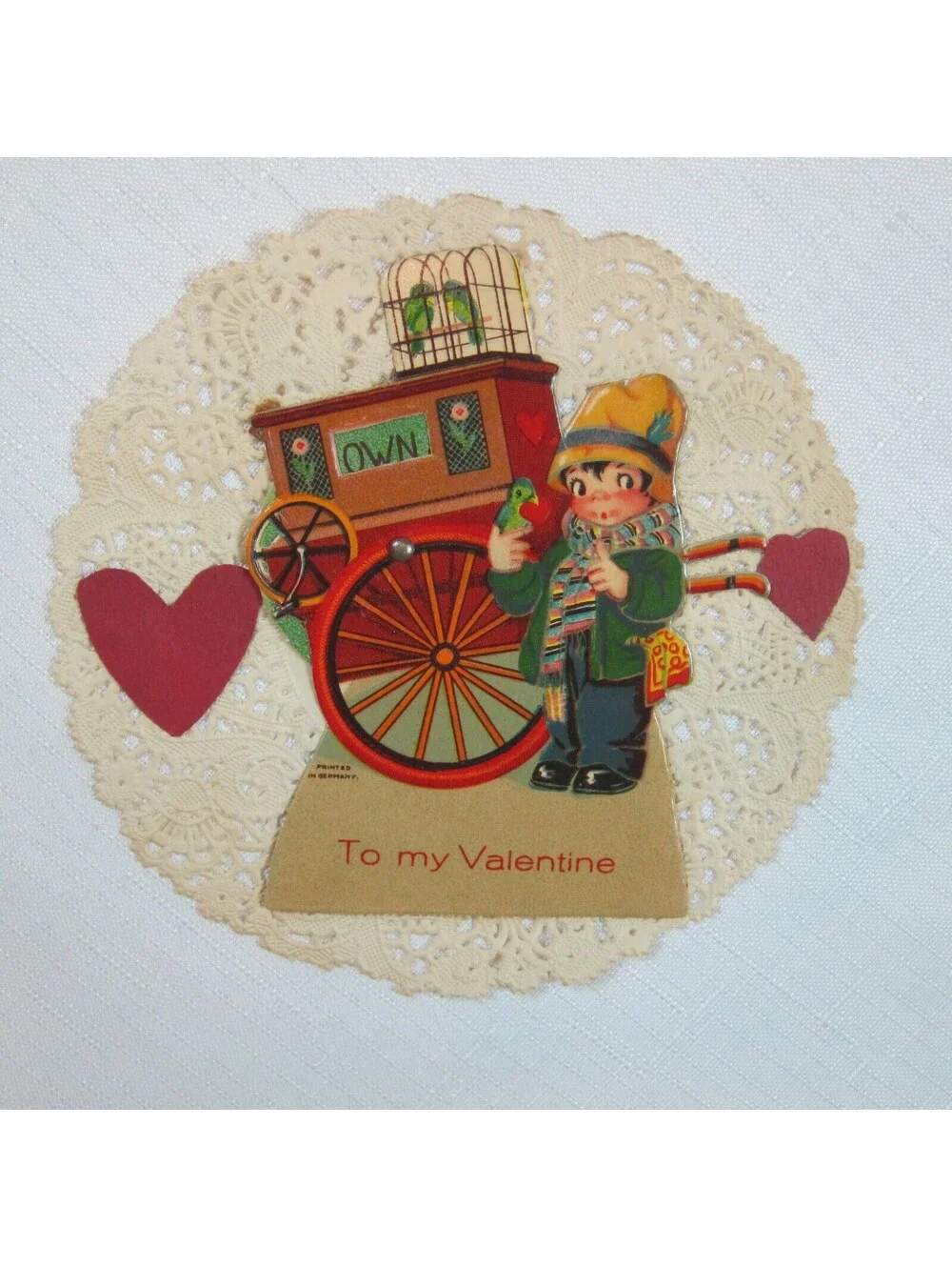 Vintage 1931 Valentine Card Mechanical Boy w/ Birds Wagon Own True Love Germany